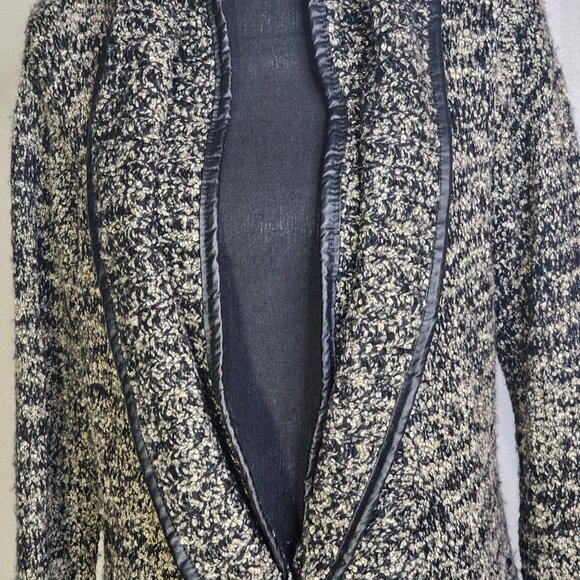 Sioni Black and Gray Boucle Trimmed in Faux Leather Chunky Sweater Cardigan Sz L - Picture 5 of 16